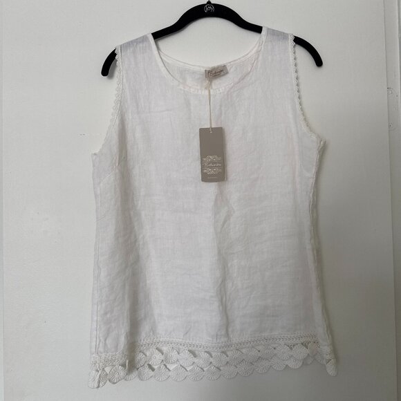 Bellambra 100% Pure Linen Made in Italy Tank with Cotton Embellished Trim Size L - Picture 3 of 9